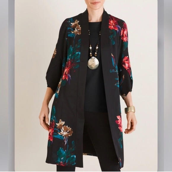 Chico's Jackets & Blazers - Chico's Kimono Dark Black Floral Tulip Sleeve Evening Drama Duster Size 00